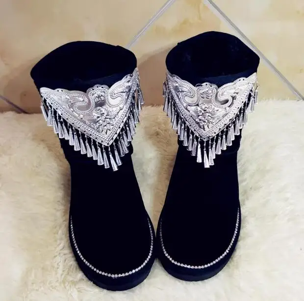 Folk Style Silver Tassel Shape Wind-Bell Black Suede Snow Boots Crystal Edge Sole Round Toe Slip On Plush Fur Winter Boots