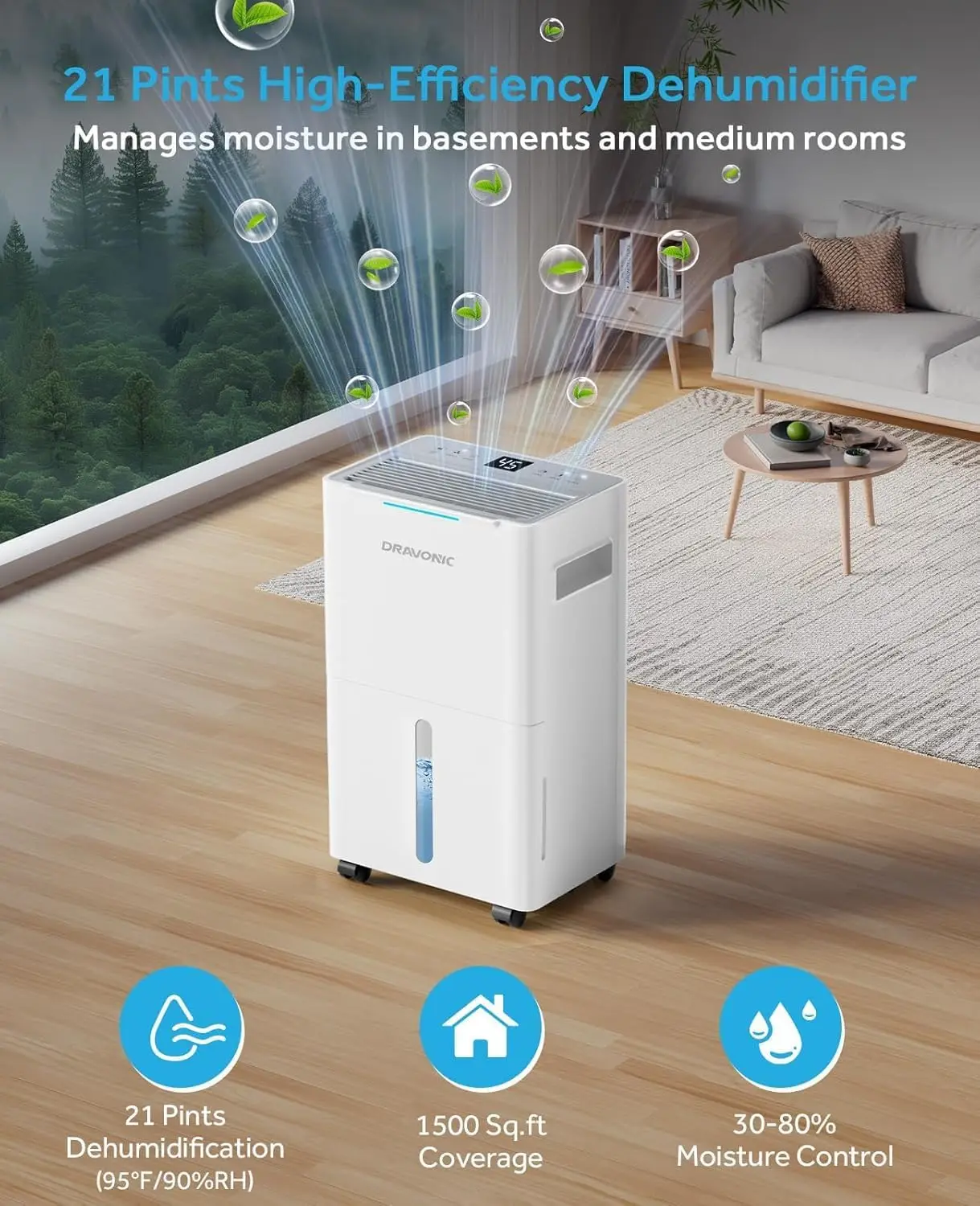 ^For 1500 Sq.Ft Dehumidifier for Basement, 21 Pints, Compressor, Quiet | Real compressor, auto-defrost, 40dB quiet mode, dual