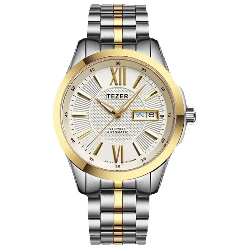 TEZER Men Automatic Watch | Roman Numeral Dial | Date Day Display | Two Tone Stainless Steel Band Business Wristwatch