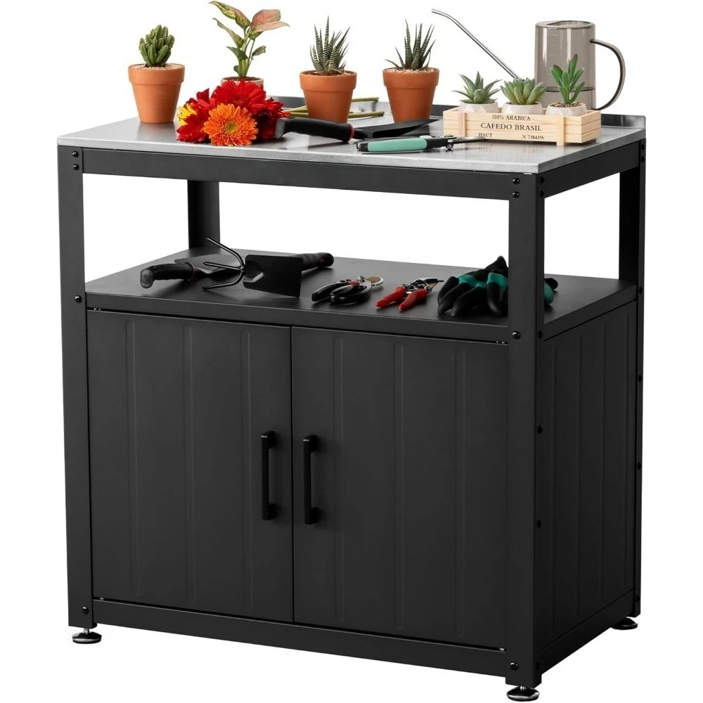 

Garden Potting Bench with Storage Cabinet Outdoor Gardening Table Workstation Stainless Steel Top