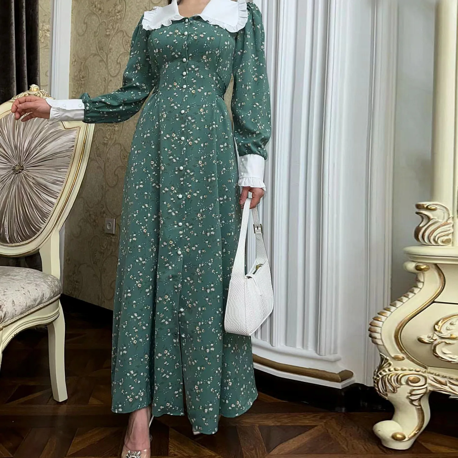 

Women Fashion Loose Print Long Sleeve Peter Pan Collar Muslim Abaya Dress Ruffles Hem Sundress Robe Femme Turkey Vestido Kaftan