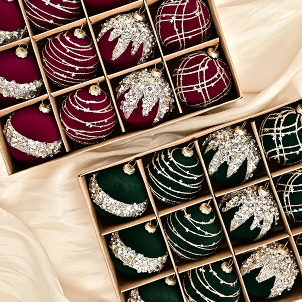 Breathtaking Holiday Additions Beautifully Crafted 6CM Flocking Velvet Diamond Sequin Christmas Ball Set of 12