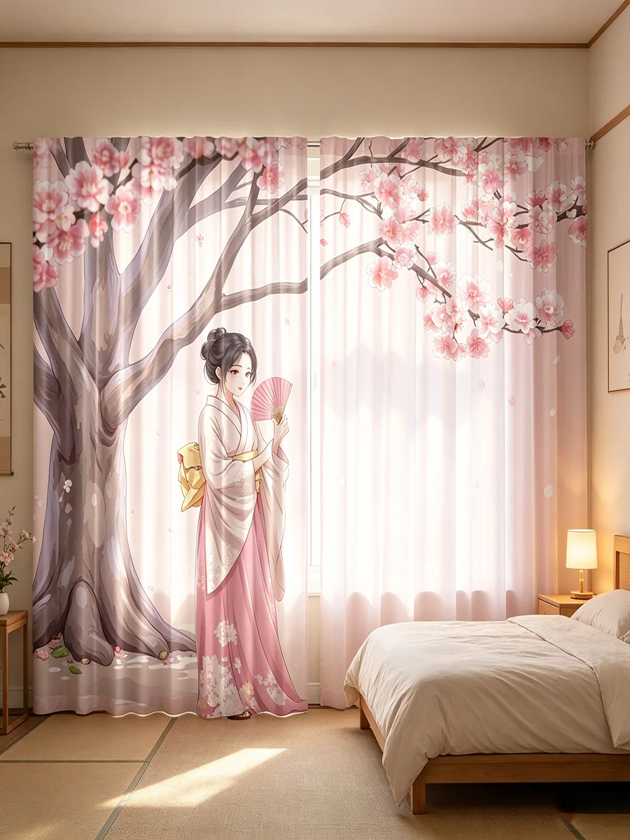 2PCS Digital Printed Curtains, Japanese Geisha Cherry Blossom Pattern, Oriental Ukiyo-e Style for Living Room Bedroom Decor