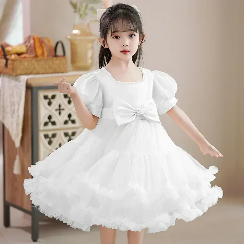 Vestido infantil de princesa para meninas, elegante, de malha, fofo, para performance de piano, verão