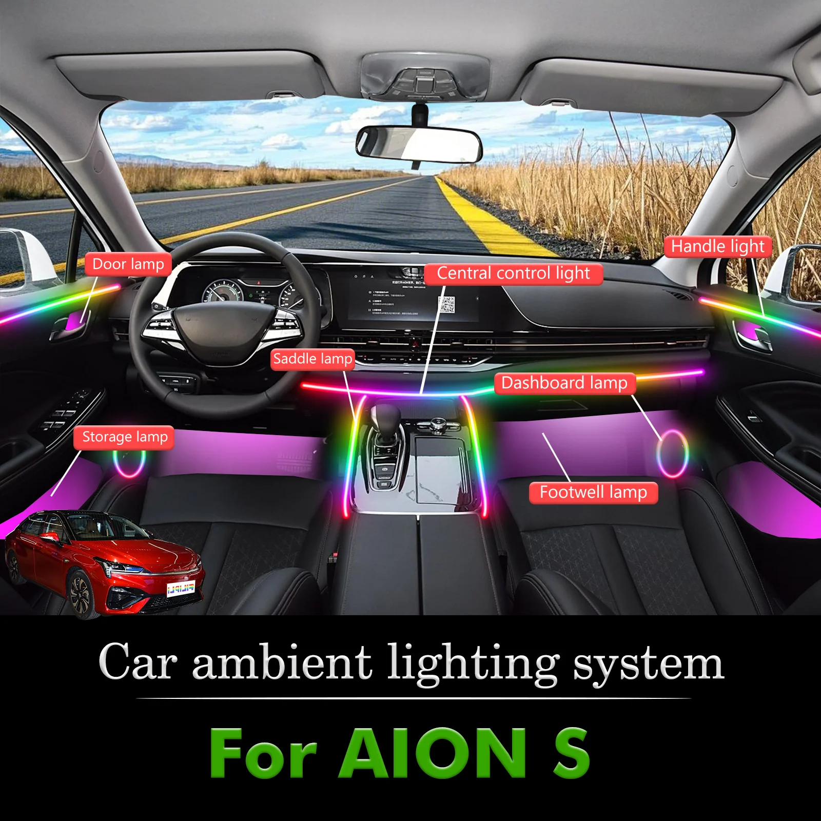 

For AION S Smart Remote Control Car Interior Ambient Light RGB 64 Colors LED Energy Saving Efficient Lamp Kit