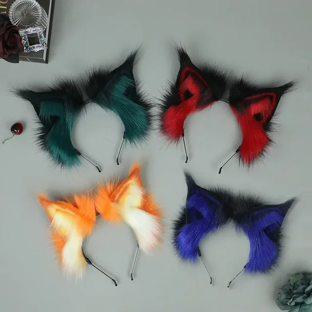 Pluszowa opaska na głowę z uszami wilka i kota Futrzane opaski na uszy ze sztucznego futra Puszysta obręcz do włosów z lisem Cosplay Urocze realistyczne akcesoria do włosów