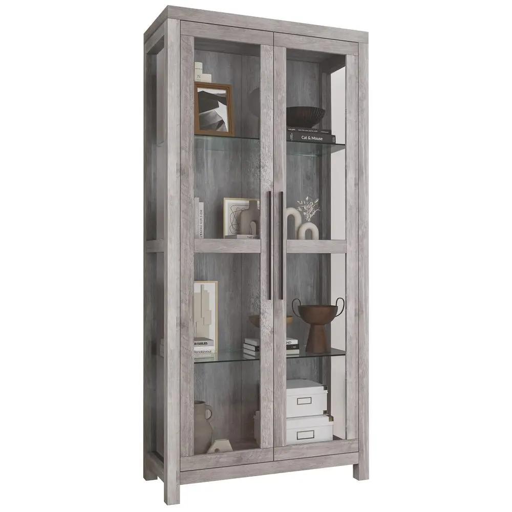 Glass Display Cabinet, Tall Curio Cabinet with Tempered Glass Doors for Living Room, Trophy Display Case Avalon Gray Wash