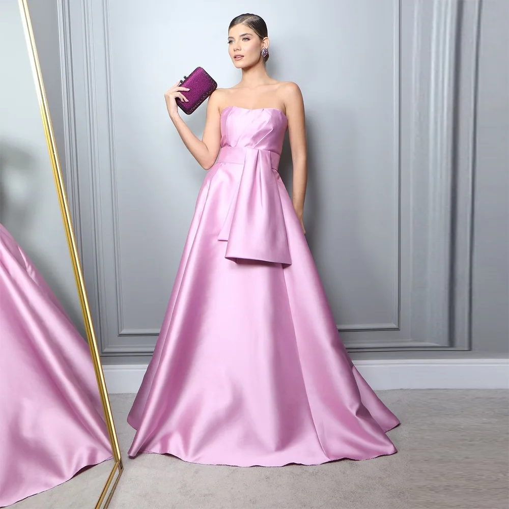 

Sevintage Pink Prom Dresses Strapless Sleeveless Pleat Ruched A-Line Saudi Arabic Evening Gowns Special Occasion Gown