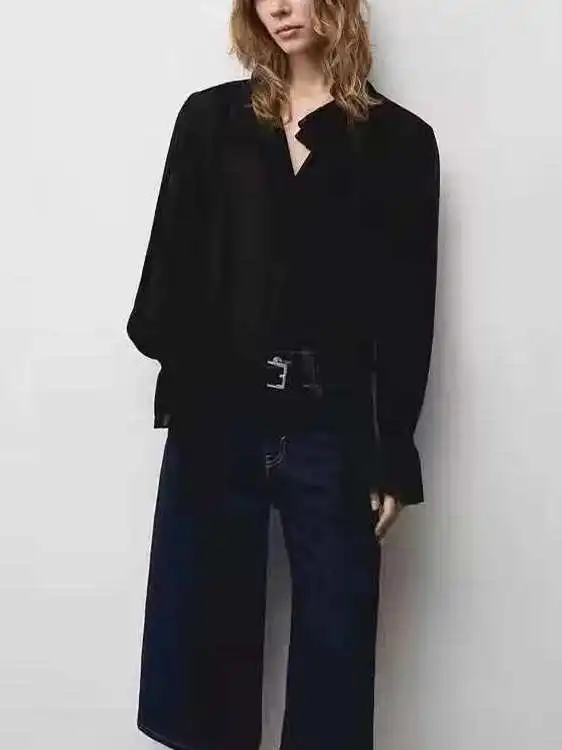 신상 여성 출퇴근 스타일 긴팔 블랙 셔츠 스탠드 칼라 디자인 레이스 트림 벨트 레귤러 핏 단색 77059069