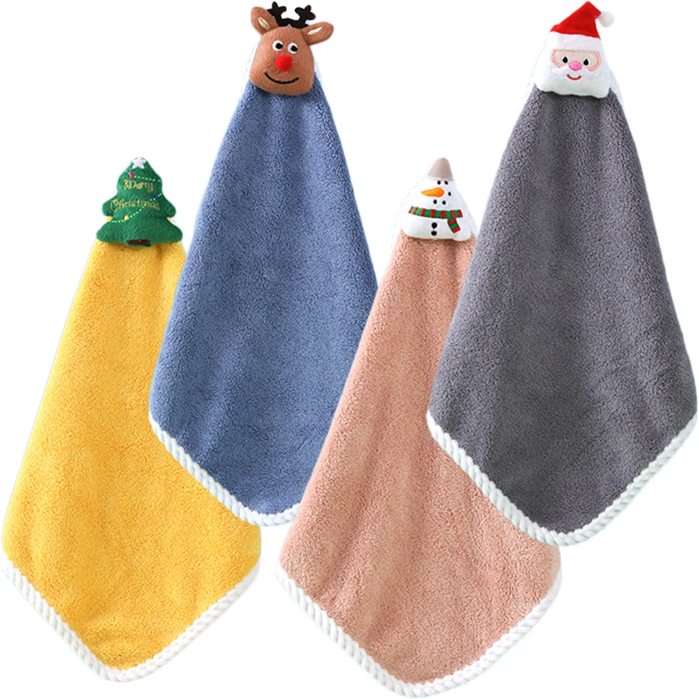 

4pcs Christmas Towels Coral Fleece Hanging Kitchen Bathroom Absorbent Washable Fast Dry H Wipe Towels Storage