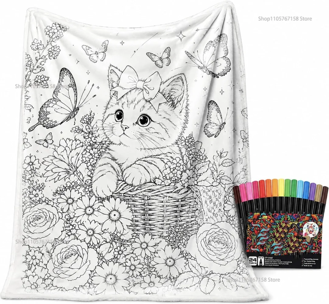 Creative Coloring DIY Graffiti Blanket Black and White Line Draft Hand-painted Blanket Coloring Throw for Holiday Decor & Gift