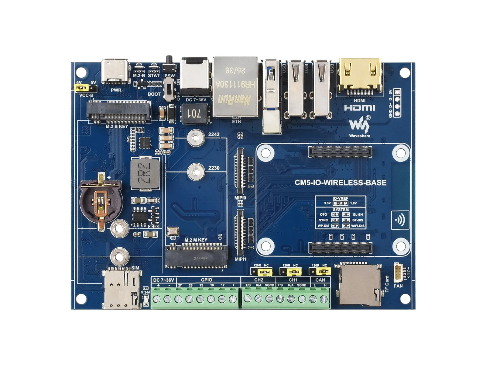 Industrial IoT Wireless Expansion Board for RPi CM5, 4G/5G/LoRa, Gigabit RJ45, Dual MIPI, 4K Output
