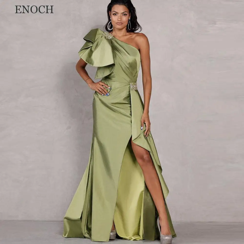 ENOCH One Shoulder Side Slit Evening Dresses Beaded Pleated Satin Formal Gowns Fashion Sleeveless Vestidos De Noche Custom Made