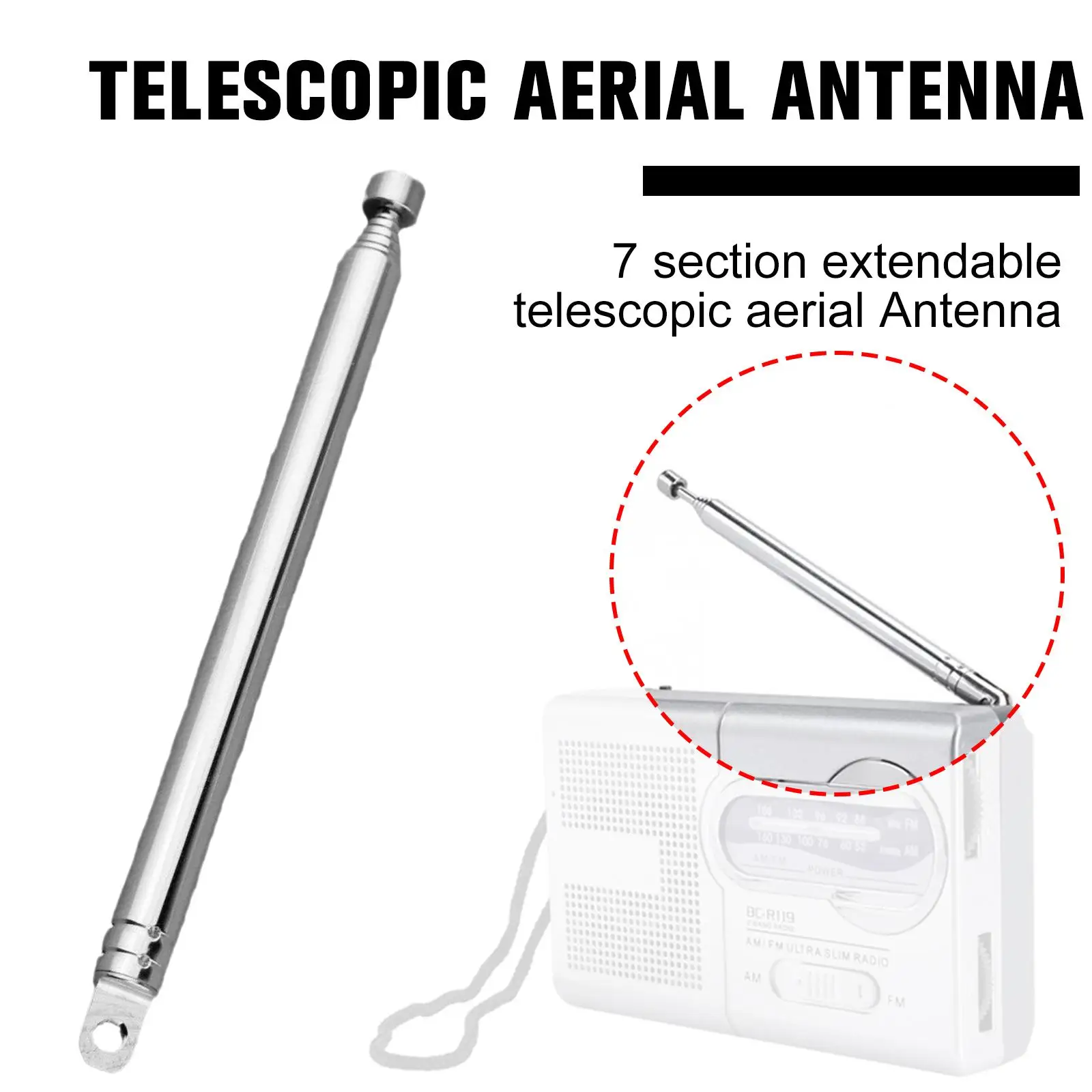 7 Sections Telescopic Antenna Portable Radio Antenna Replacement 14-74cm Home Stereo Receiver Stereo Reception Tuner