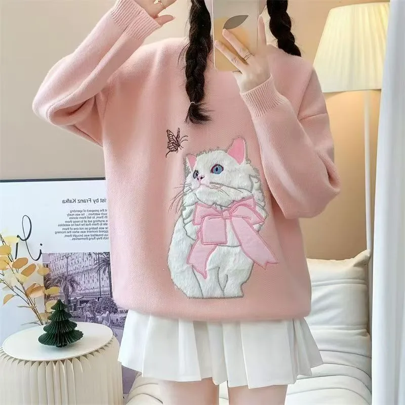 Y2k الجمالية القط التطريز الوردي محبوك البلوزات للنساء طويلة الأكمام س الرقبة عادية تريكو فتاة لاعبا الكورية اليابانية #4