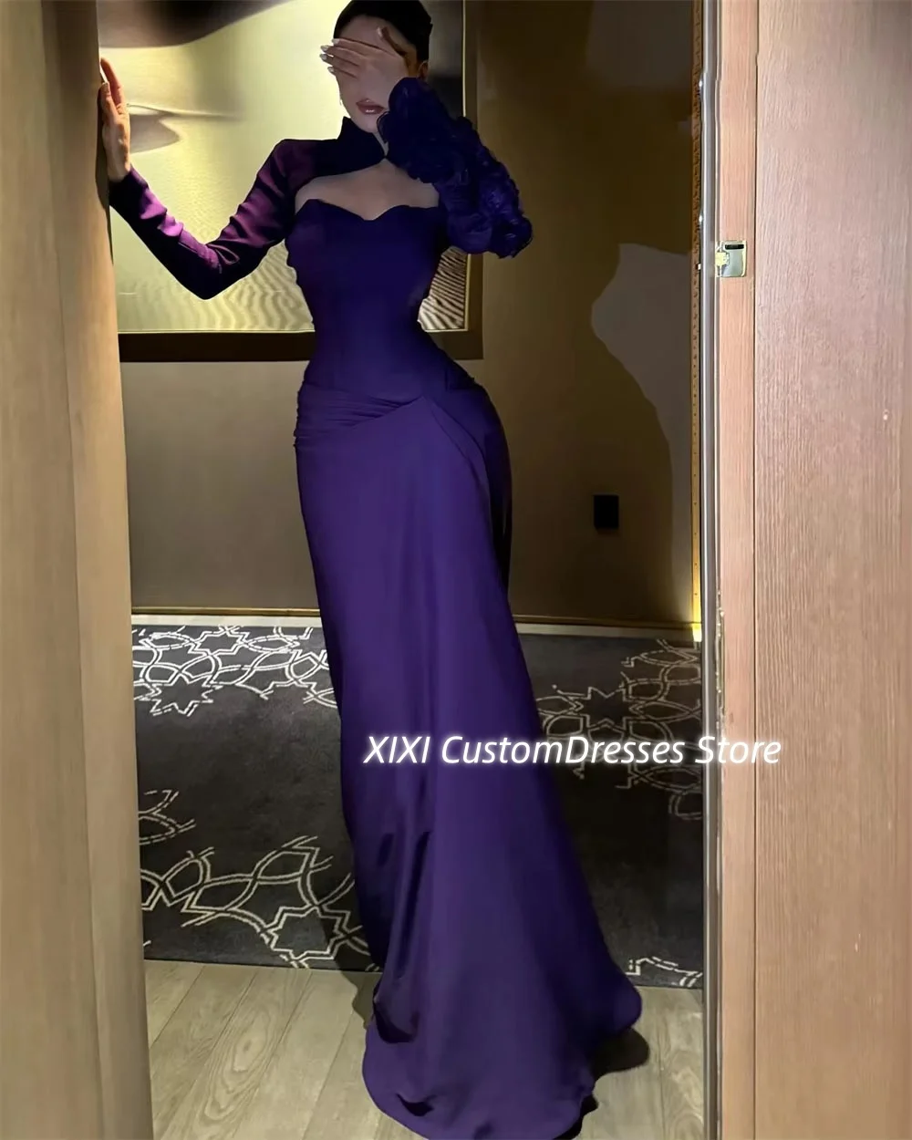 تخصيص فساتين Fساتين A-الخط رسن بطول الأرض للحفلات الراقصة كشكش بأكمام طويلة وسحاب حتى فساتين للمناسبات الخاصة #2