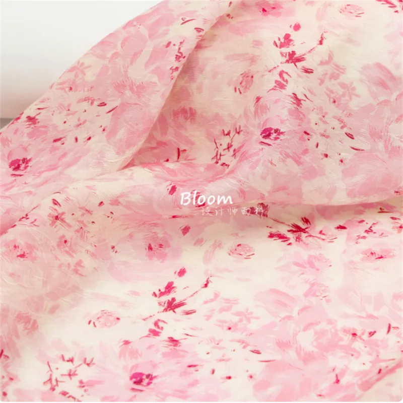 

Thin and translucent beige+peach pink rose print with dark pattern jacquard Tencel linen fabric, Hanfu qipao fabric