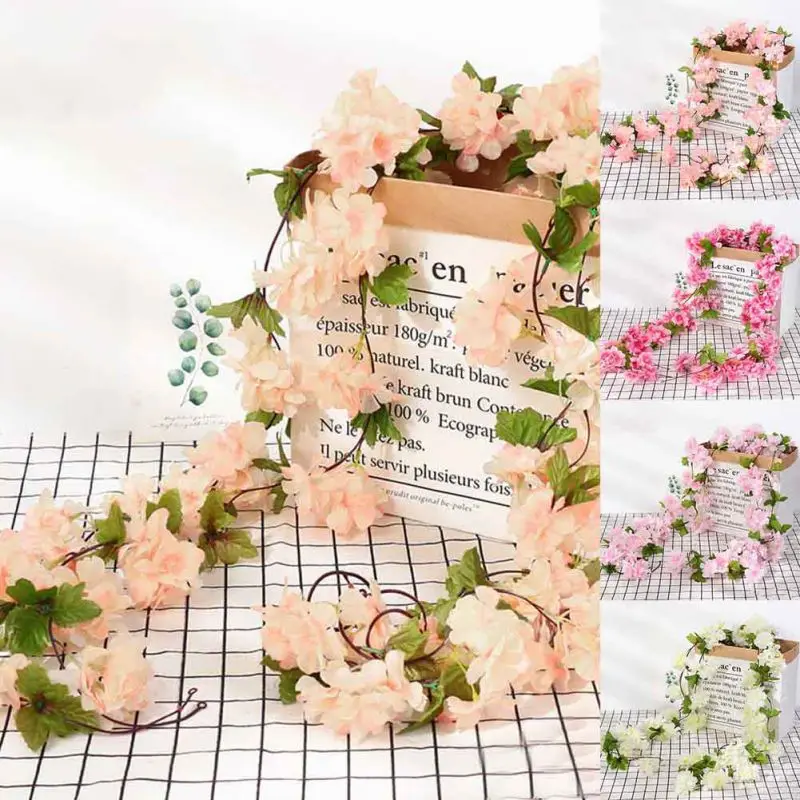 Pink Cherry Blossom Artificial Flower Silk Garland Vine Fake Flower Home Party Garden Arch Wedding Background Decorations 230cm