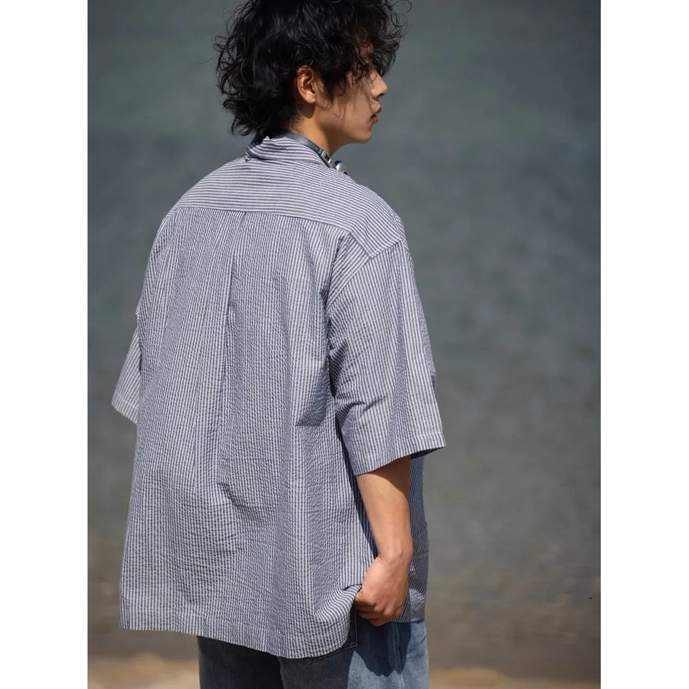 Men Cityboy Seersucker Cotton Loose Casual Oversize Short Sleeve Cargo Shirts Japanese Korean Streetwear Vintage Shirt Blouses