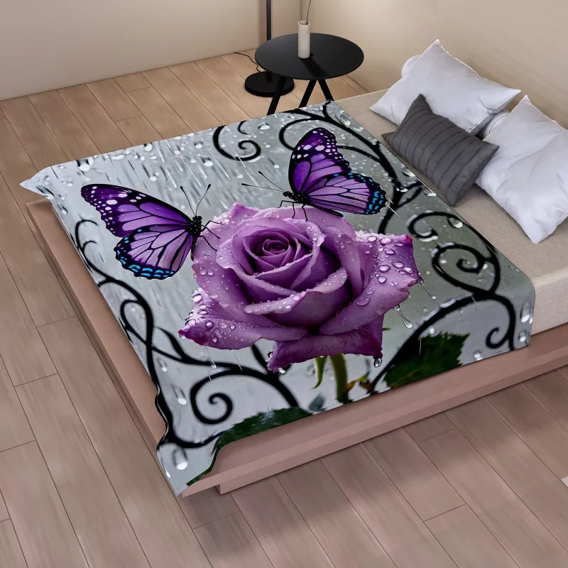 Floral Print Flannel Throw Blanket Sunflower Purple Rose Pattern Soft Warm All Season Blanket for Sofa Bedroom Home Decor