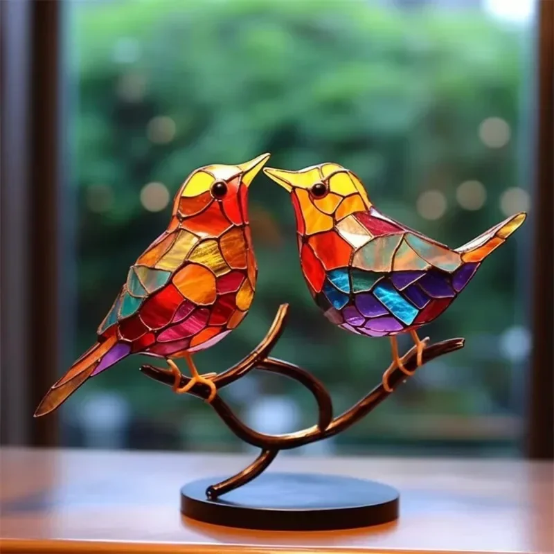 Stained Glass Birds On Branch Desktop Ornaments Double Sided Multicolor Birds Alloy Ornaments Bird Series Acrylic Decorations