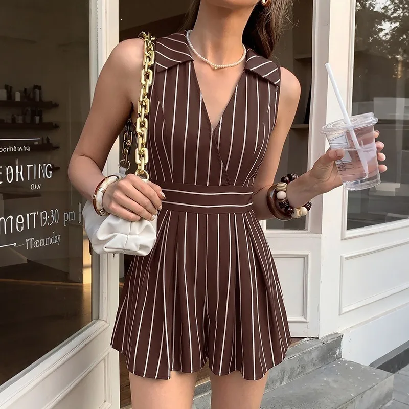 2026 Summer Women Striped Sleeveless V Neck Jumpsuits Elegant Mature Style Casual Short Jumpsuit Ladies One Piece Shorts Outfit view 3