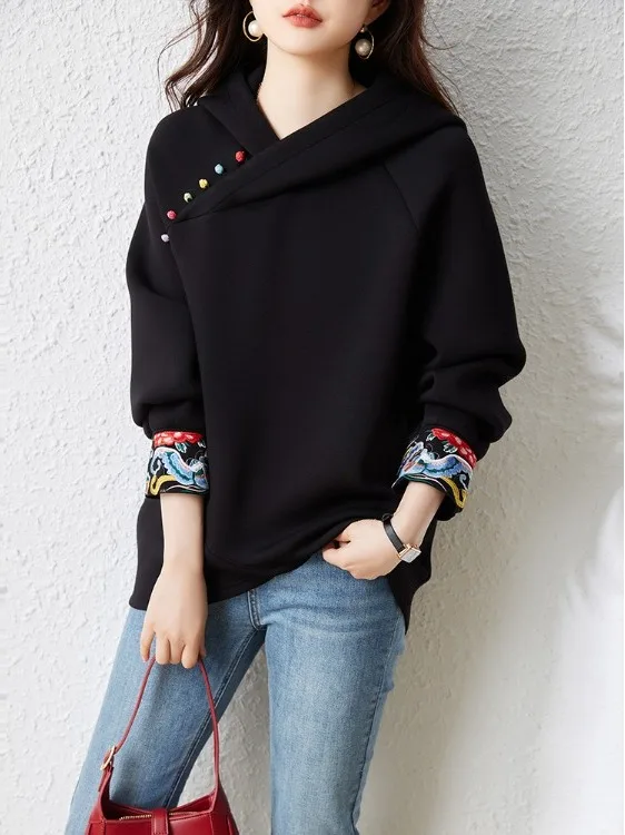 

New Chinese Sle Embroidered Long Loose Women's Hoodie Autumn Winter Faion Versatile Luxury Casual Comfortable Sweatirt