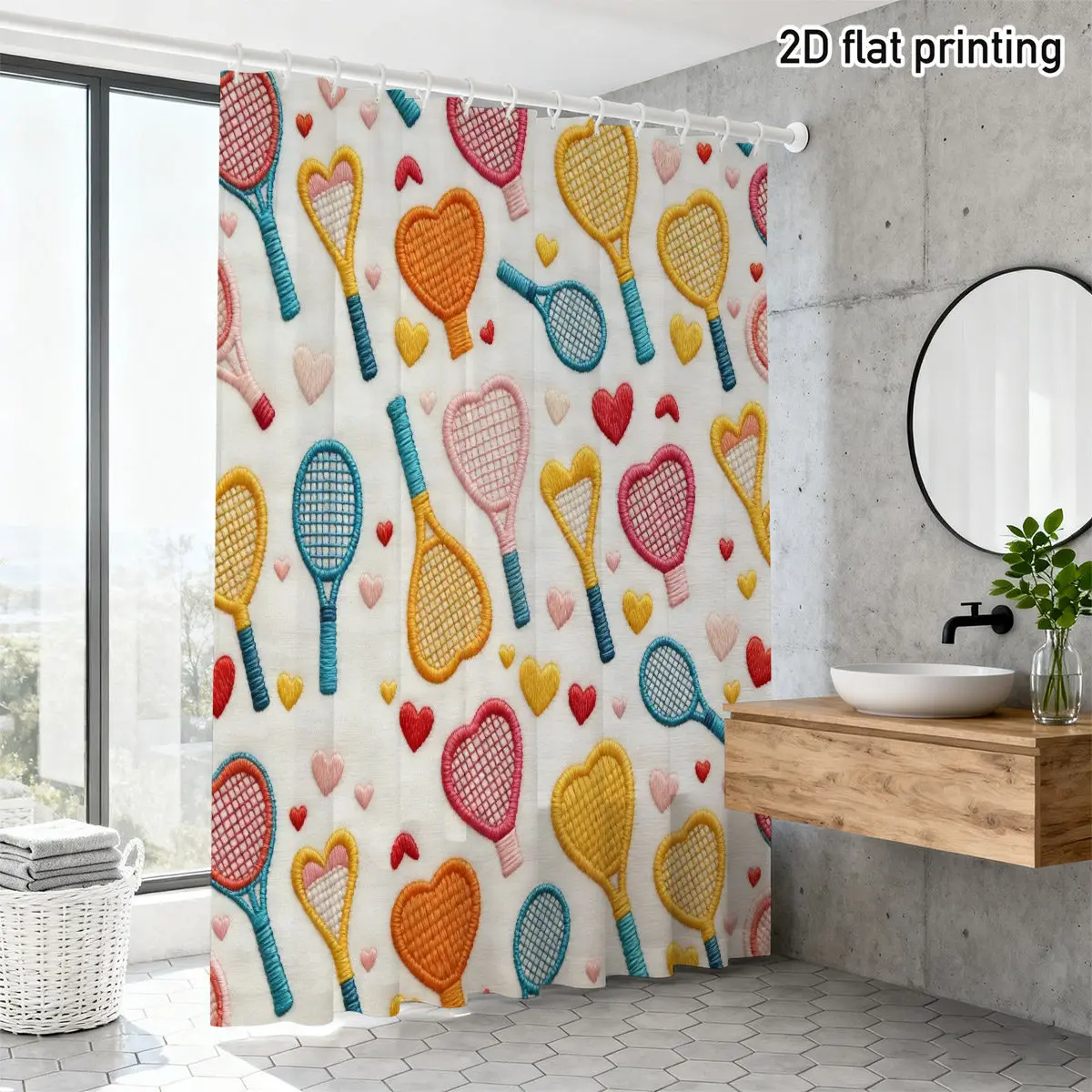 Cute Tennis Racket Heart Pattern Shower Curtain, Colorful Sports Theme Bathroom Decor, Waterproof Fabric Bath Curtain