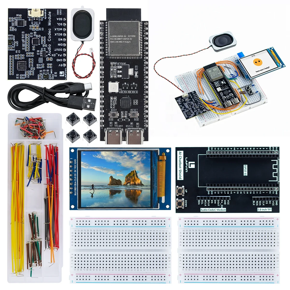 ESP32S3 AI Chatbot Kit Including ESP32-S3 N16R8 Development Board , 2.0 TFT Display, 400 Points Breadboard for ESP32 Kit