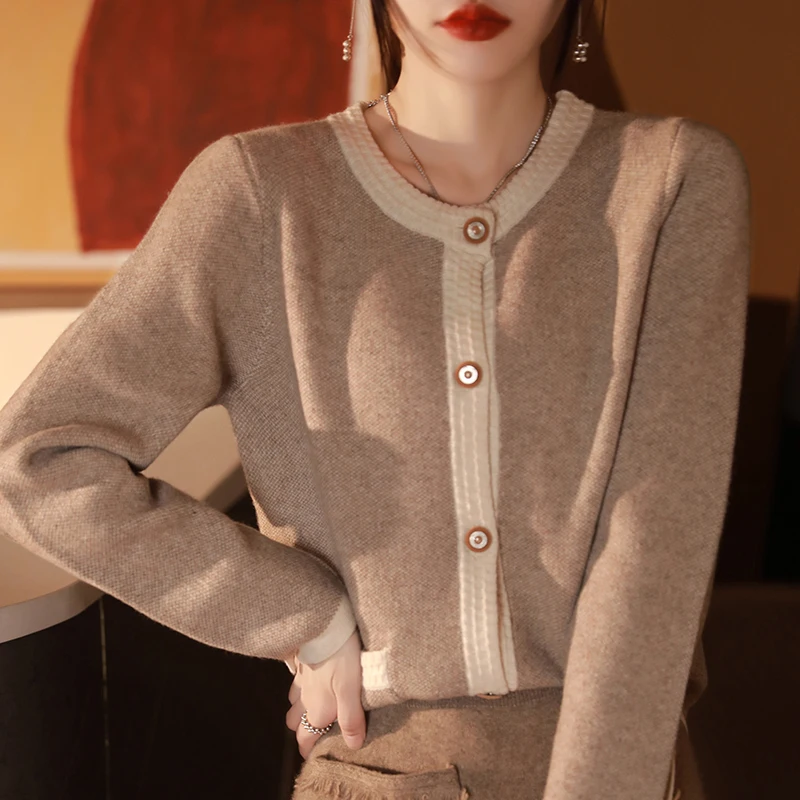 100% Merino Wool Oversize Women's Cardigan O-neck Sweater Long Sleeve Top Outerwear Soft Warm High-Grade Knit Wear Fashion Trend