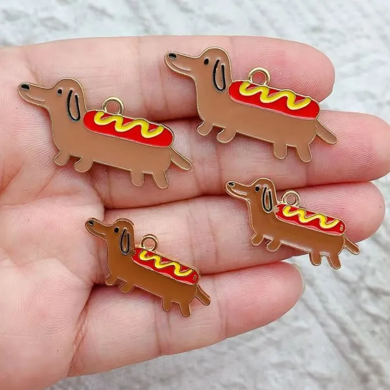 10pcs Alloy Enamel Sausage Dog Metal Charms Cute Puppy Tag Earring Keychain Necklace Pendant Diy Animal Jewlery Make