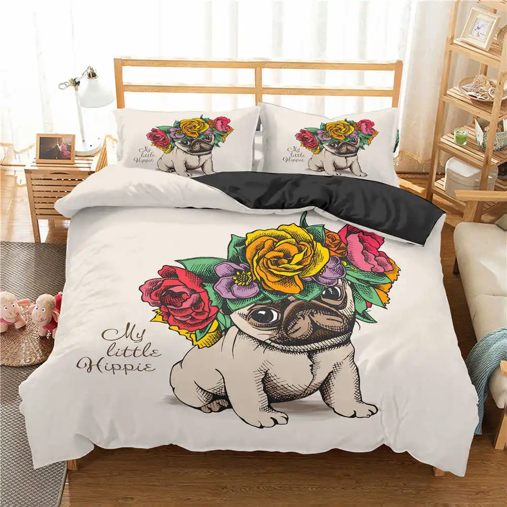 

Pug Duvet Cover Set Pet Dog With Flower Bedding Set Animal Theme For Kids Teens Boy Cute Pug Dog King Size Polyester Quilt Cover