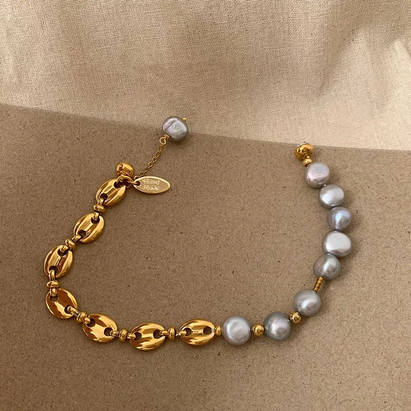 Bracciale a catena in chicco di caffè con perle grigie per donna bracciale con chiusura magnetica gioielli eleganti minimalisti estivi