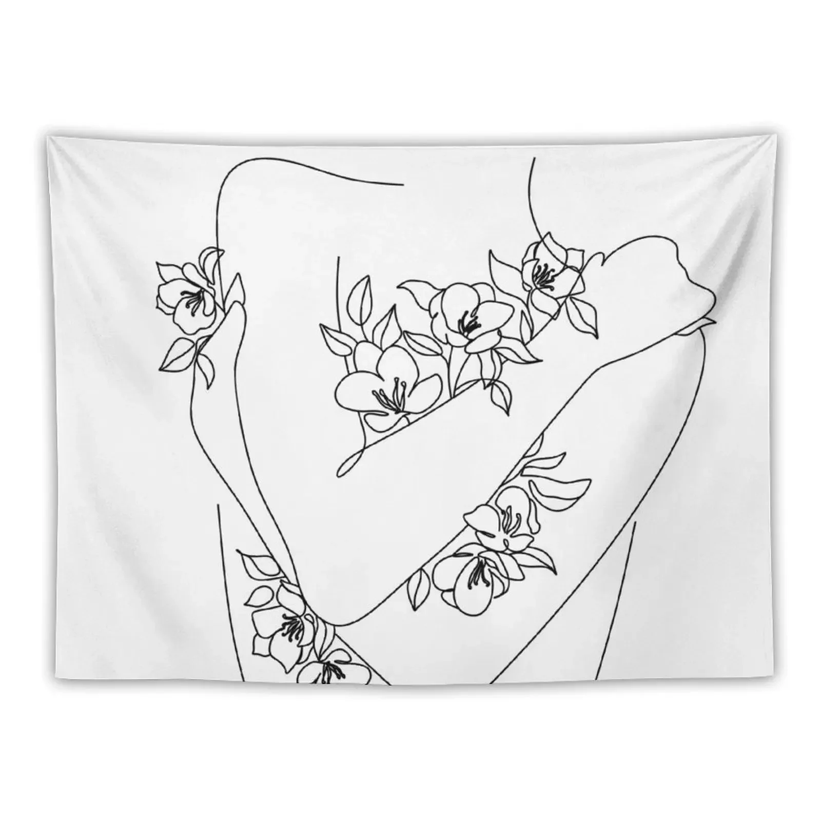 Self love. woman hugs herself, flowers grow out Line Art Print. Woman With Flowers. Nude Line Art. Tapestry