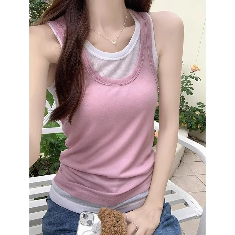 

Retro Thin Breathable Vest With Camisole, Summer Women's Loose Fitting Fake Two-Piece Outerwear