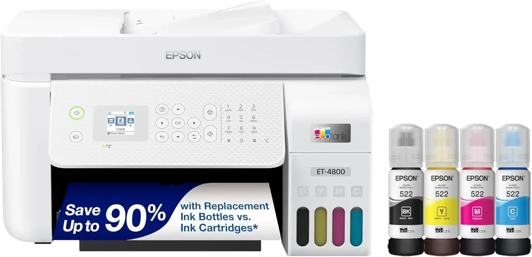 Epson ET-4800 Wireless One Cartridge-Free Printer with Scanner, Copier, Fax and Ethernet – Ideal-for Your Home Office, White