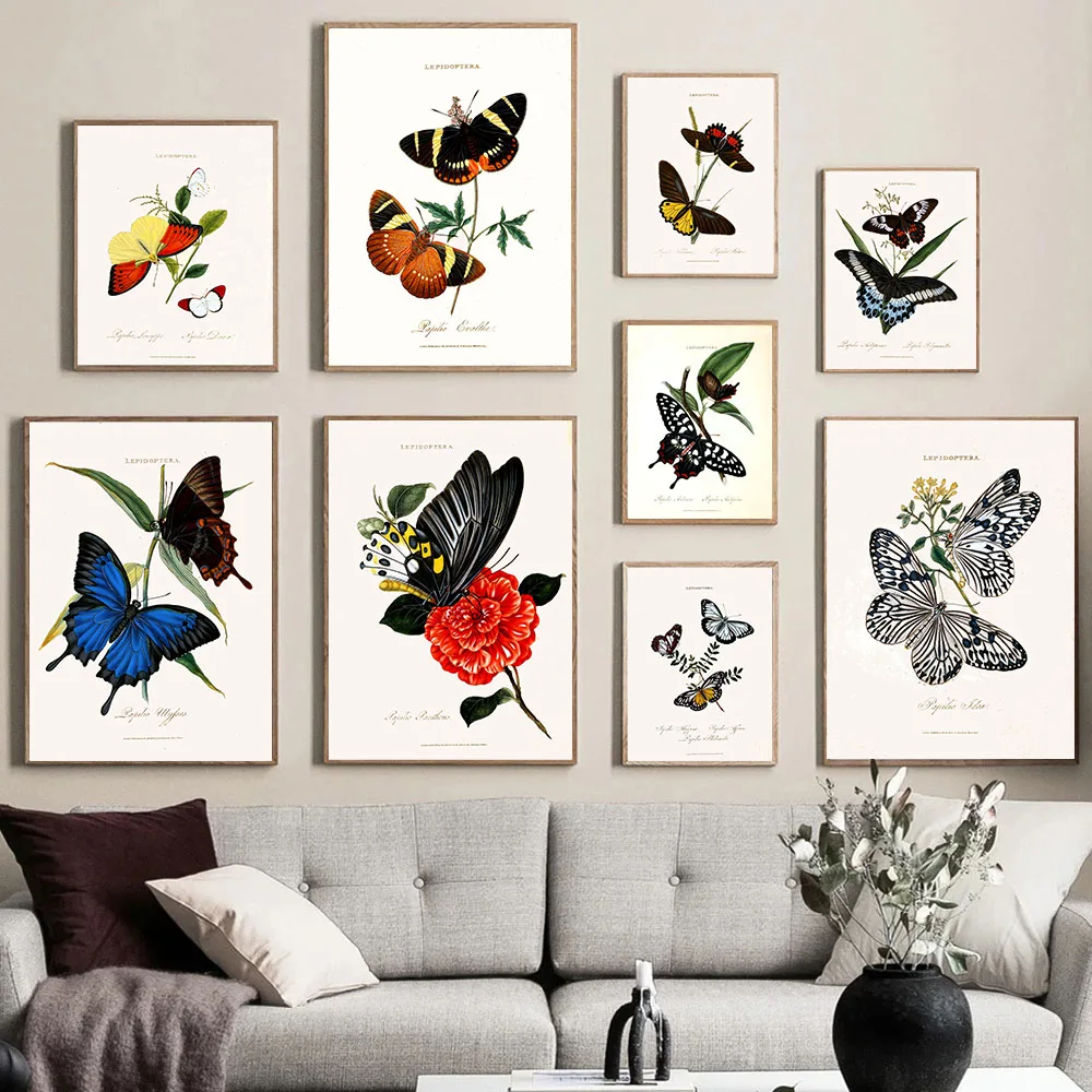 

Retro Art Colorful Butterfly Flying Canvas Painting Wall Art Insect Animal Poster Living Room Corridor Home Decoration Mural