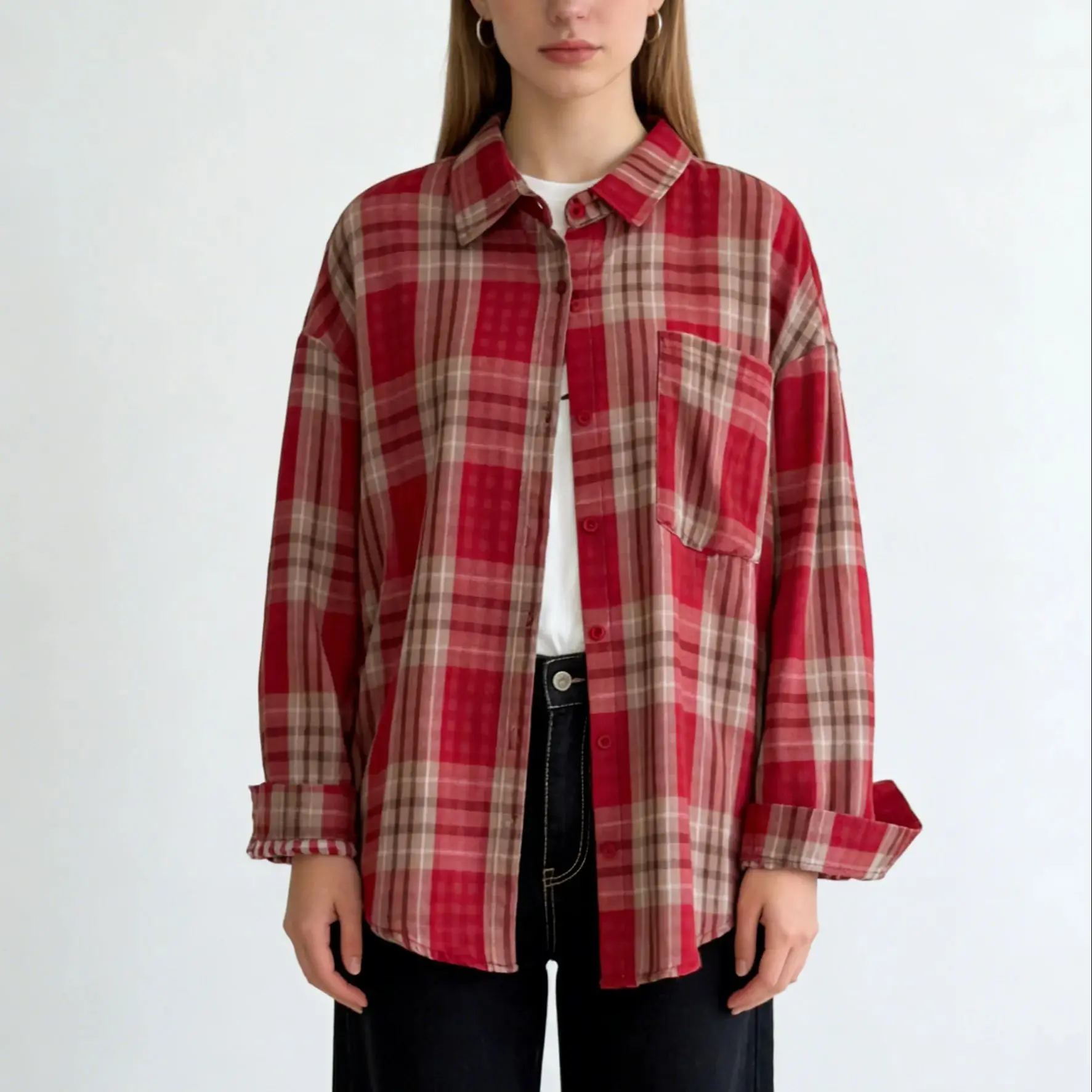 

Women's Red Collared Long Sleeve Casual Shirt Y2K Harajuku High Street Lazy Sun Protection Vintage College Top Shirt Clothing