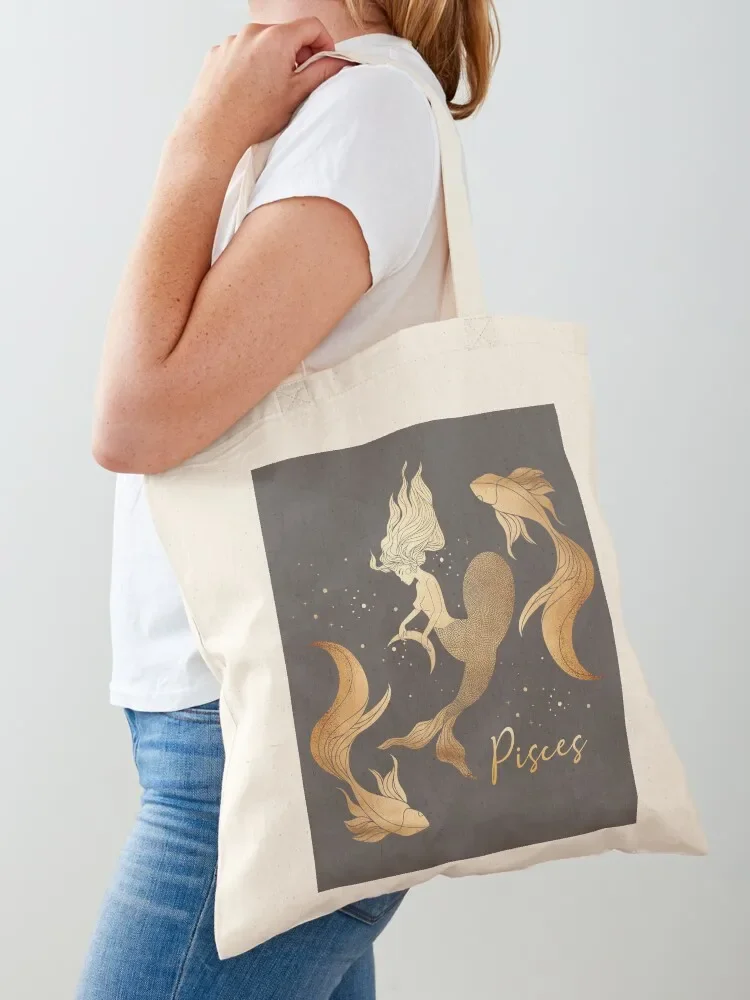 

Pisces Woman Swimming Between Two Fish in the night sky with stars - Gray Tote Bag Gift bag Women's handbag custom fabric bag