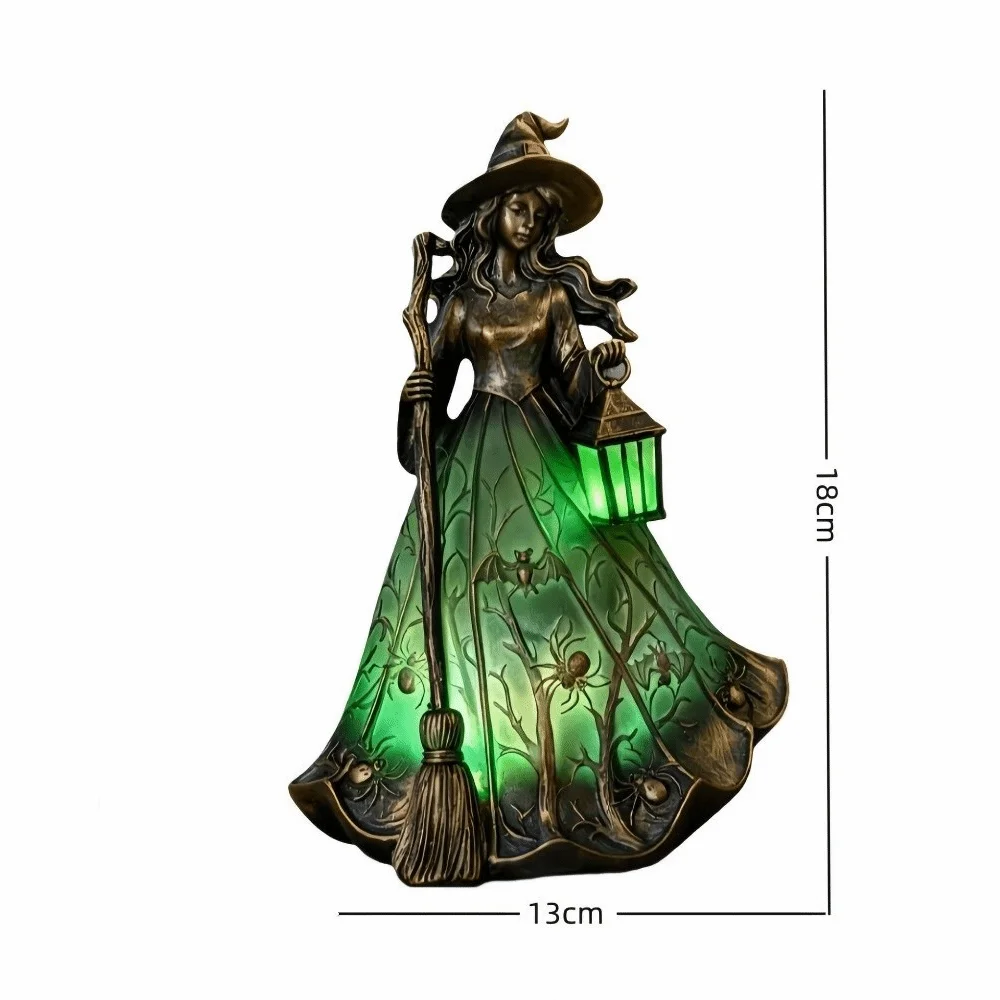 18cm Halloween Witch Lamp Standing Design Holding Lantern Broomstick Witch Statues Funny Scary Halloween Witch Ornament