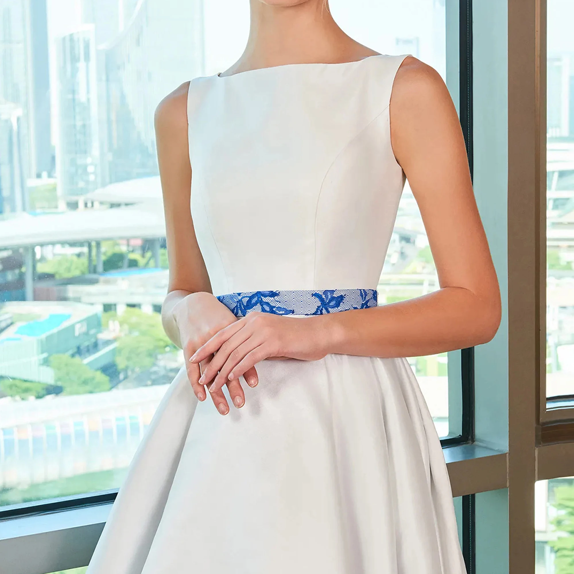 فساتين سهرة من الساتان الأبيض بدون أكمام لحفلات الزفاف، فستان على شكل حرف A، فستان حفلة موسيقية عالي ومنخفض، فساتين مناسبة مخصصة بالزهور باللون الأزرق #5