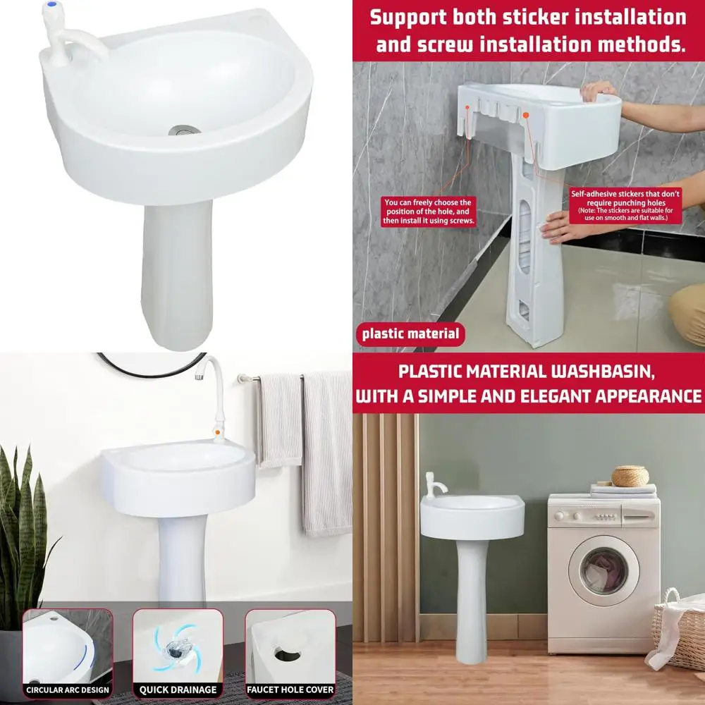 

Compact Pedestal Sink for Small Bathrooms - 17.7x13.4x30.3H, No-Drill Self-Adhesive Installation, Includes Faucet and Wash Basin
