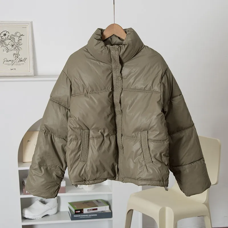 Thiened Long Sve Pure Color Stand Collar Jaet Zipper Cotton Coat Women's Winter Jaet Button Insertion Outerwear