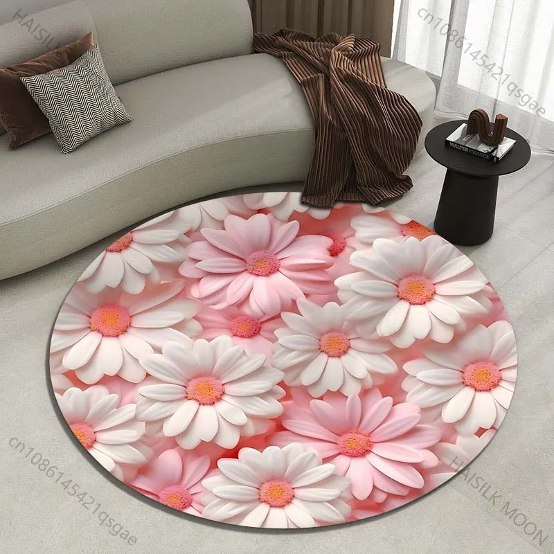 Delicate pink and white daisy blooms Printed round carpet living room sofa table carpet large pet mat soft round carpet