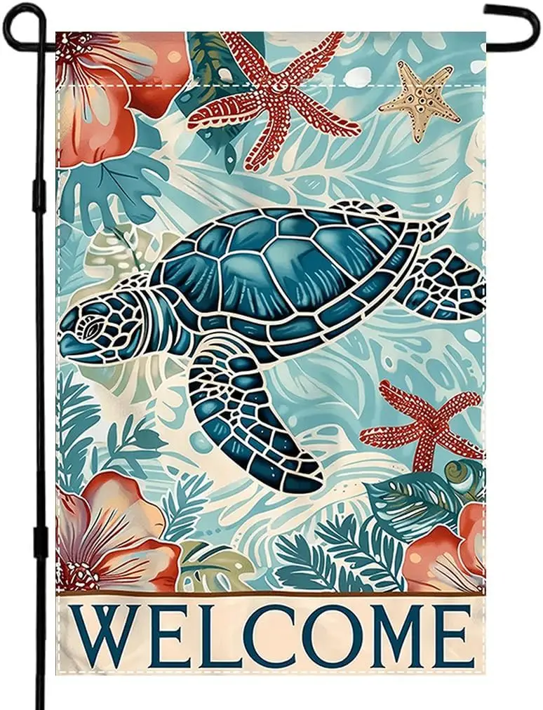 Welcome Spring Summer Blue Flowers Welcome Garden Flag 12x18 Inch Double Sided Outside Hawksbill Turtle Seasonal Farmhouse Y zzo