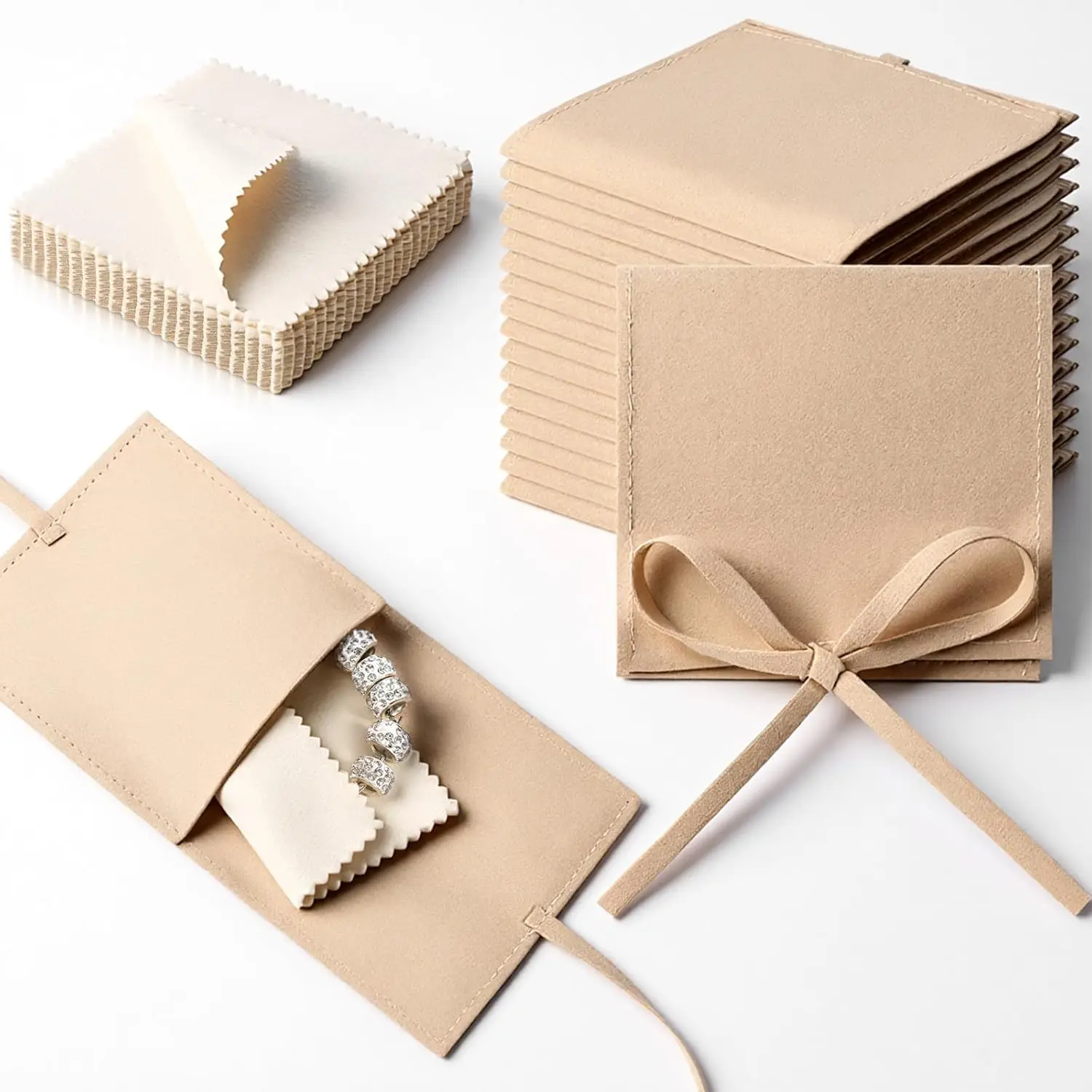 

10 Pcs Microfiber Jewelry Pouch Set, Beige Luxury Jewelry Gift Bags with 10pcs White Cleaning Cloth, 8 x 8cm Bow Tie Envelope St