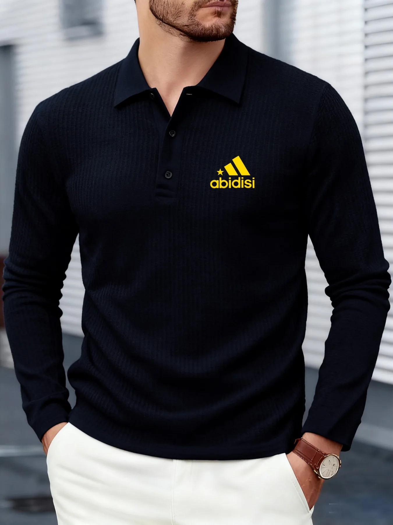 Men's long sleeved waffle knit polo shirt, casual loose texture pullover, uniform color, spring and autumn street style clothing