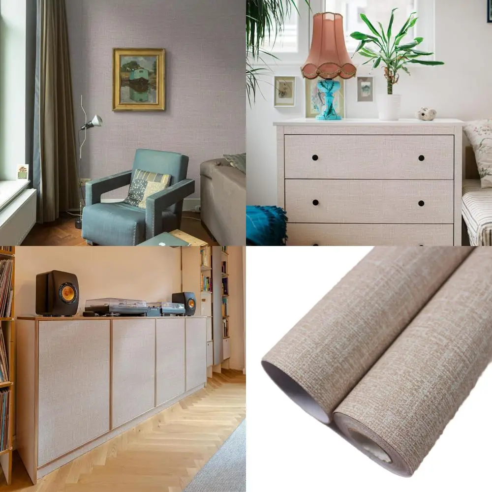 Khaki Linen-Textured Self-Adhesive Fabric Wallpaper, 23.6 x 472 for Cabinet & Wall Decor