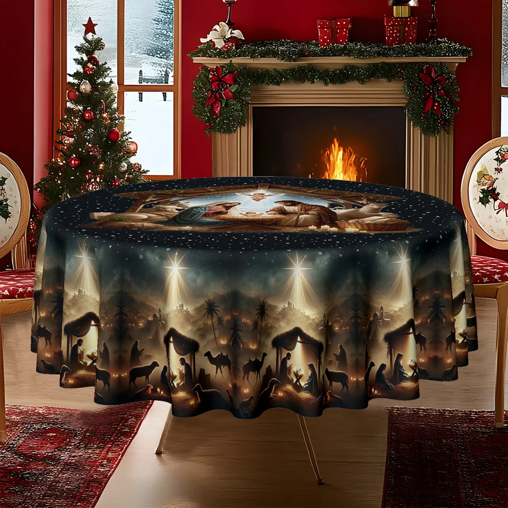 1Pc 2D flat Merry Christmas religious theme Nativity manger snow print kitchen dining room round tablecloth