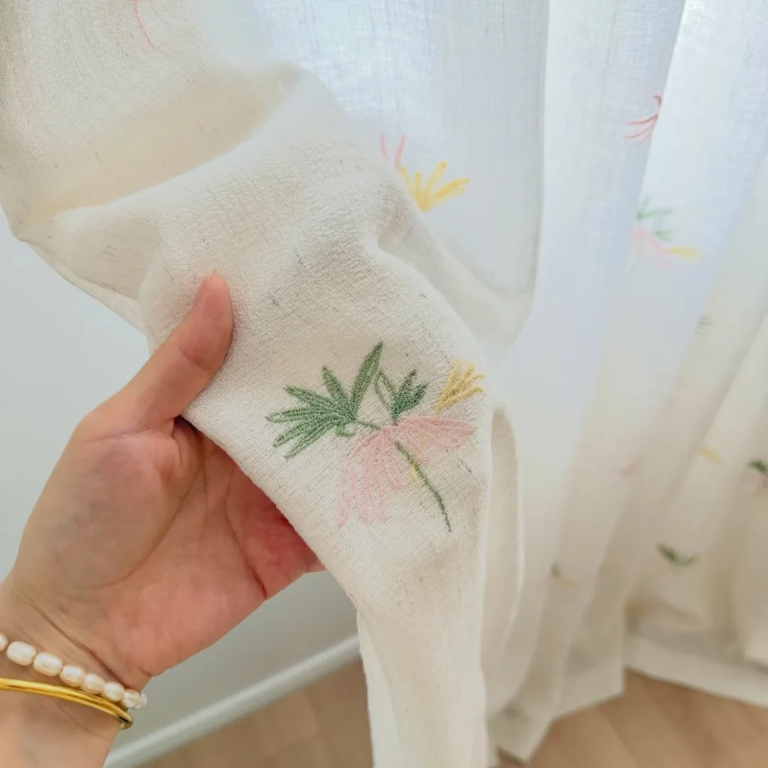 Soft Pastel Botanical Stitch Partition Sheer Curtain Decorative Fabric Drape For Rental House Room Separation
